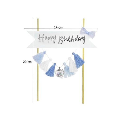 Topper girlanda ozdoby na tort napis Happy Birthday frędzle niebieskie dekoracje urodzinowe